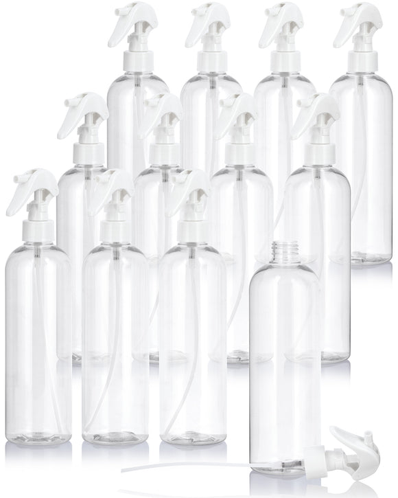 16 oz Clear Plastic PET Slim Cosmo Bottle (BPA Free) with White Trigger Spray (12 Pack)