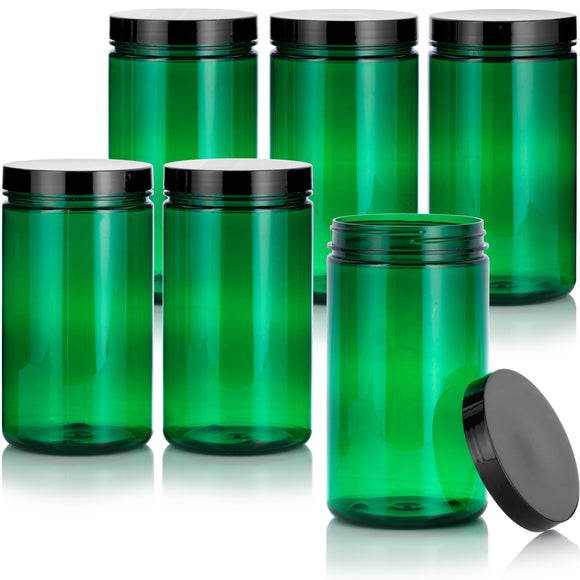 32 oz Green Plastic PET Refillable Jar (BPA Free) with Black Lid  (6 Pack)