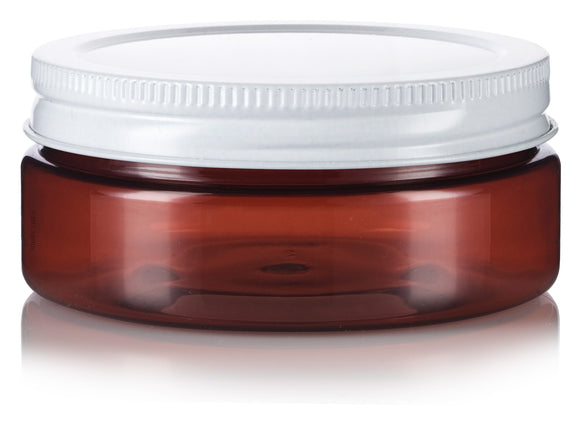4 oz Amber Plastic Extra Low Profile Jar in with White Metal Lined Lid ( 12 Pack)