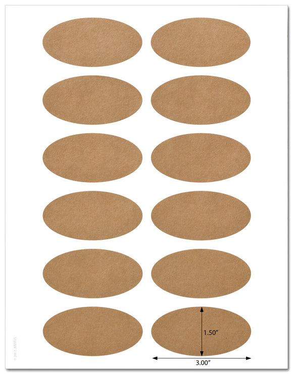 Textured Brown Kraft 3â€ x 1.5â€ Inch Oval Labels with Template and Printing Instructions, 5 Sheets, 60 Labels (JVBK30)