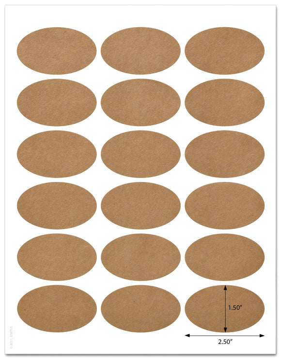 Textured Brown Kraft 2.5 x 1.5 Inch Oval Labels with Template and Printing Instructions, 5 Sheets, 90 Labels (JBK20)