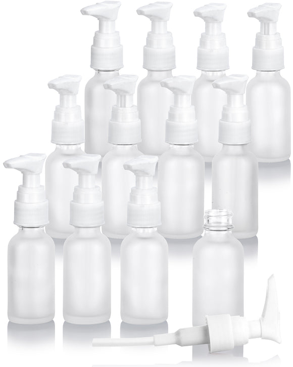 1 oz / 30 ml Frosted Clear Glass Refillable Boston Round Bottle with White Lotion Pump (12 Pack)