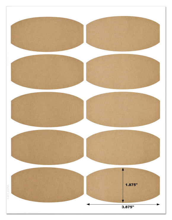 Textured Brown Kraft 3.875 x 1.875 Inch Semi-Oval Labels for Laser Printer with Downloadable Template and Printing Instructions, 5 Sheets, 50 Labels (BK38)