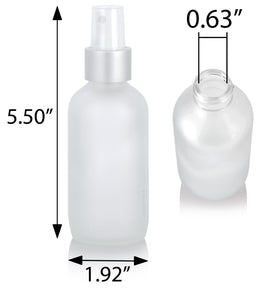 4 oz Frosted Clear Glass Boston Round Bottle with Silver Fine Mist Sprayer (6 Pack)