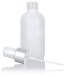 4 oz Frosted Clear Glass Boston Round Bottle Set with Matching Silver Metal Lotion Pump and Fine Mist Sprayer