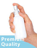 High Shine Gloss White Glass Boston Round Bottle with Matte Silver Metal Aluminum Fine Mist Spray (12 Pack)