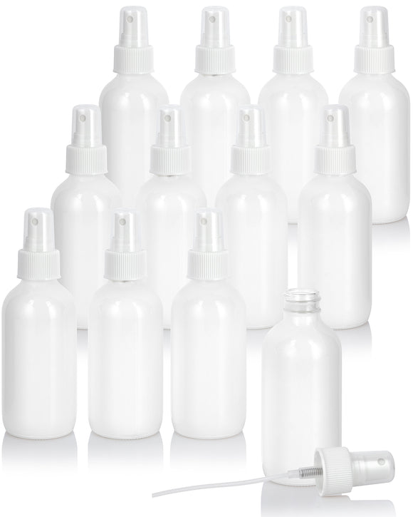 (12 Pack) 4 oz / 120 ml High Shine Gloss White Glass Boston Round Bottle with White Fine Mist Spray