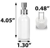 1 oz / 30 ml High Shine Gloss White Glass Boston Round Bottle with Silver Metal Aluminum Fine Mist Spray