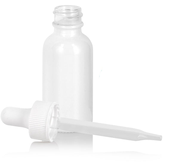 High Shine Gloss White Glass Boston Round Bottle with White Dropper (12 Pack)