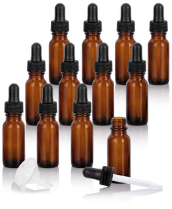 (12 Pack) 0.5 oz / 15 ml Amber Glass Boston Round Bottle with Black Dropper