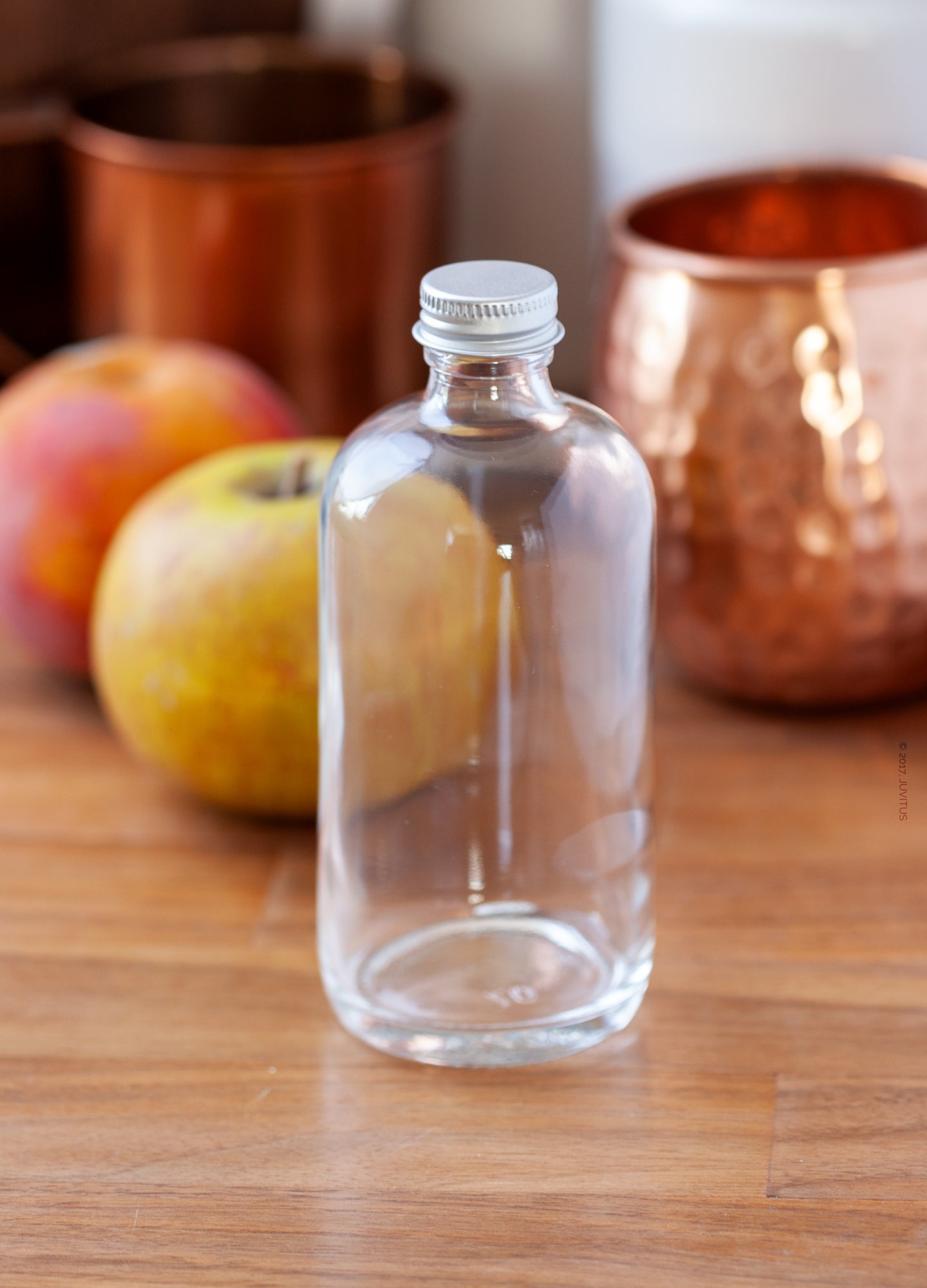 Clear Glass Vinegar Style Round Bottles w/ Black Ribbed Lined Caps