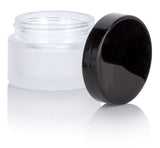 1 oz / 30 ml Frosted Clear Glass Heavy Thick Wall Balm Jars with Black Smooth Foam Lids (12 Pack)