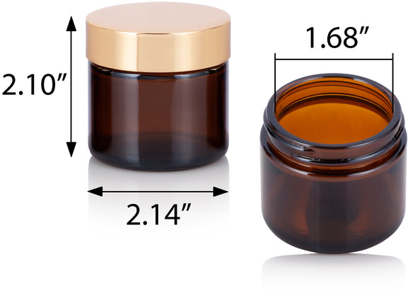 2 oz Amber Thick Glass Straight Sided Jar Gold Overshell Lid (12 Pack)