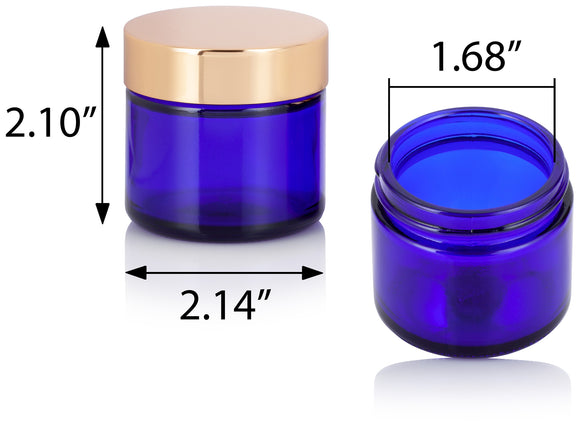 2 oz Cobalt Blue Thick Glass Straight Sided Jar with Gold Metal Overshell Lid ( 12 Pack)