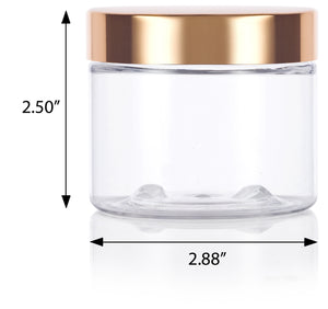 6 oz Clear Plastic Low Profile Jar with Metal Gold Overshell Lid (12 Pack)