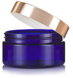 8 oz Cobalt Blue Plastic Low Profile Jar with Gold Metal Overshell Lid (12 Pack)