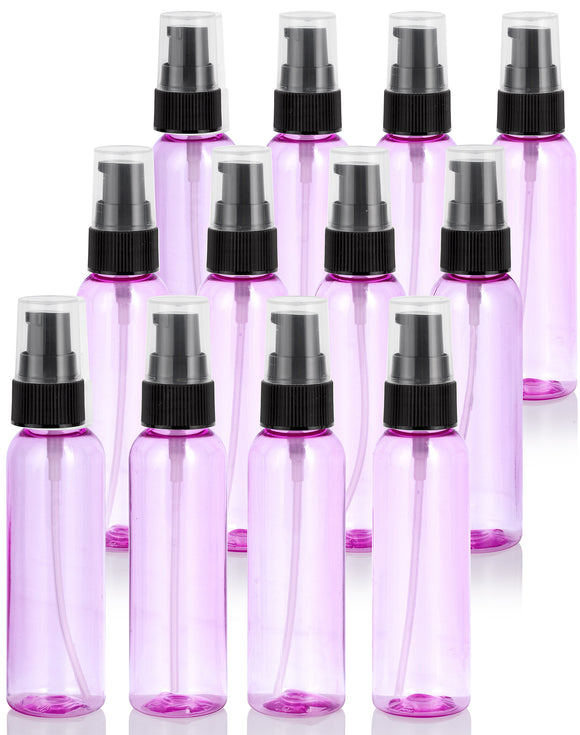 (12 Pack) 2 oz Pink Cosmo Round PET (BPA Free) Plastic Bottle with Black Treatment Pump
