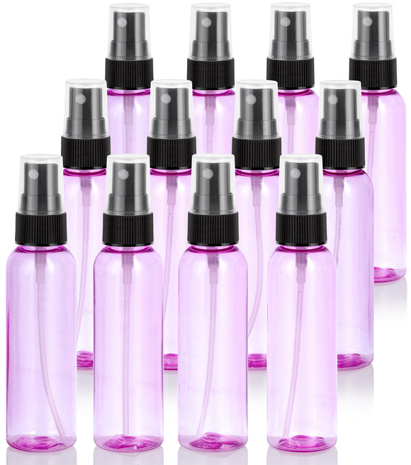 (12 Pack) 2 oz Pink Cosmo Round PET (BPA Free) Plastic Bottle with Black Fine Mist Sprayer