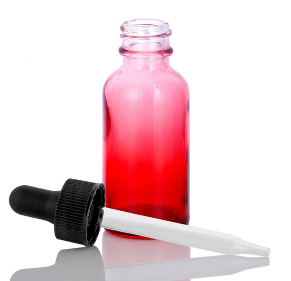 1 oz Red Faded Glass Boston Round Bottle with Black Dropper (12 Pack)