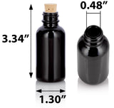 Black Glass Luxury Boston Round Bottle with Cork Stopper Closure (12 Pack)
