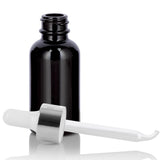 1 oz / 30 ml Black Glass Boston Round Bottle with Silver Metal and Glass Dropper (12 Pack)