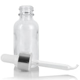 1 oz / 30 ml Clear Glass Boston Round Bottle with Silver Metal and Glass Dropper