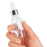 1 oz / 30 ml Clear Glass Boston Round Bottle with Silver Metal and Glass Dropper