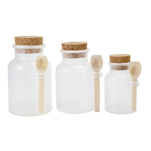 Frosted Apothecary Plastic Jar Set with Cork Cap and Wood Spoon - Set of 3 (Small, Medium, Large) - JUVITUS