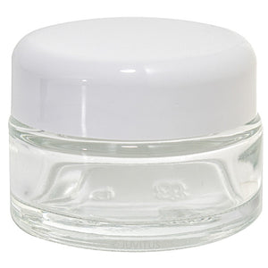 Glass Balm Jar in Clear with White Dome Foam Lined Lid - .5 oz / 15 ml - JUVITUS