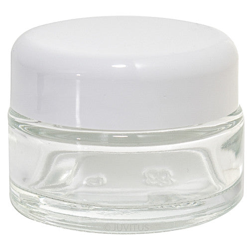 Glass Balm Jar in Clear with White Dome Foam Lined Lid - .5 oz / 15 ml - JUVITUS