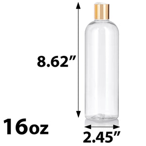 16 oz Clear Plastic PET Slim Cosmo Bottle with Gold Disc Cap (12 Pack)