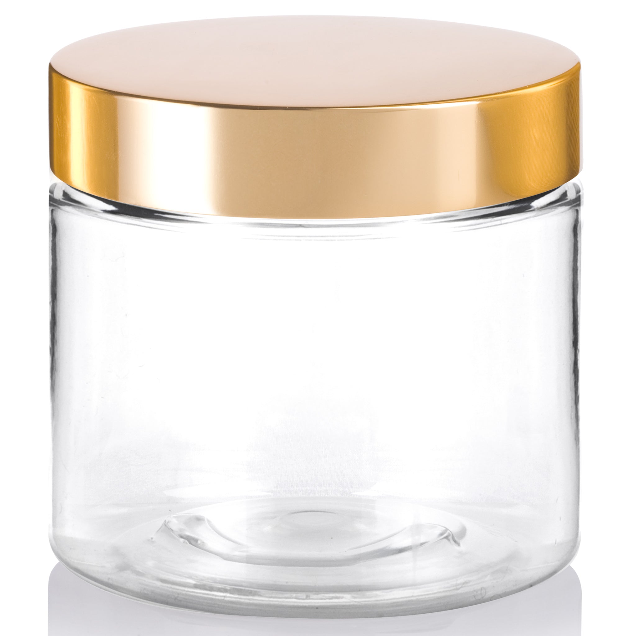 6 oz Clear Plastic Low Profile Jar with Metal Gold Overshell Lid