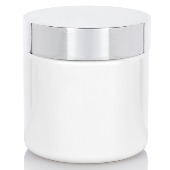 4 oz White PET Plastic (BPA Free) Straight Sided Jar with Silver Metal Overshell Lid