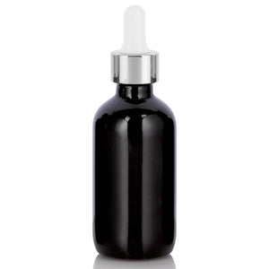 2 oz / 60 ml Black Glass Boston Round Bottle with Silver Metal and Glass Dropper (12 Pack)