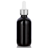 2 oz / 60 ml Black Glass Boston Round Bottle with Silver Metal and Glass Dropper (12 Pack)