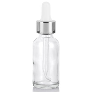 1 oz / 30 ml Clear Glass Boston Round Bottle with Silver Metal and Glass Dropper