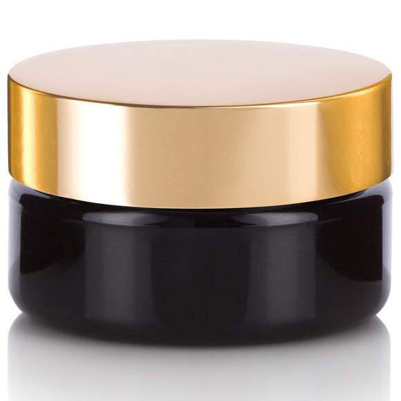 2 oz Black PET Plastic (BPA Free) Low Profile Jar with Gold Metal Overshell Lid (12 Pack)