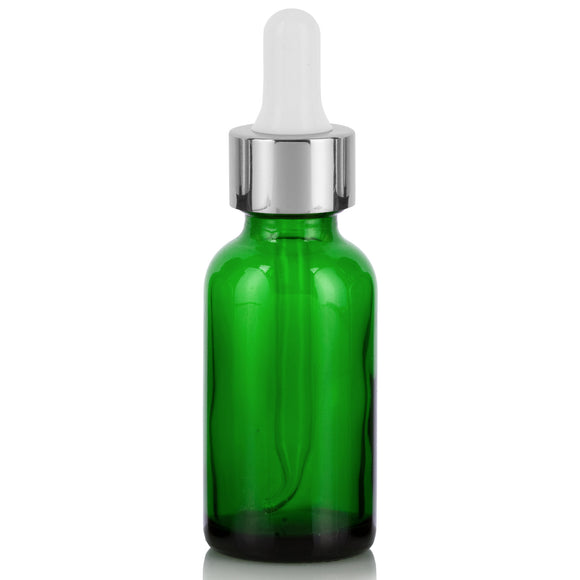 1 oz / 30 ml Green Glass Boston Round Bottle with Silver Metal and Glass Dropper (12 Pack)