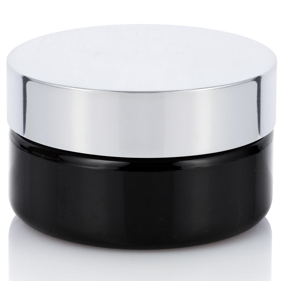 8 oz Black PET Plastic (BPA Free) Low Profile Jar with Silver Metal Overshell Lid ( 12 Pack)