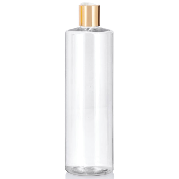 Clear Plastic PET Cylinder Bottle with Gold Disc Cap (12 Pack)