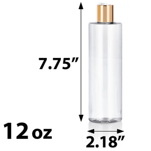 Clear Plastic PET Cylinder Bottle with Gold Disc Cap (12 Pack)