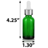 1 oz / 30 ml Green Glass Boston Round Bottle with Silver Metal and Glass Dropper (12 Pack)