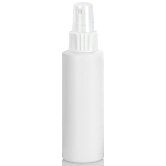 White Plastic HDPE Cylinder Squeeze Bottle with White Fine Mist Sprayer - 4 oz (12 Pack)