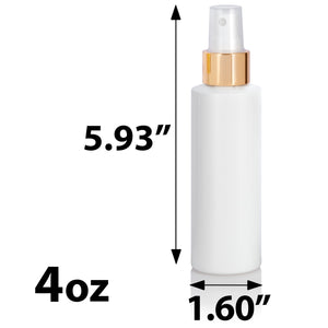 4 oz White Plastic HDPE Cylinder Squeeze Bottle with Gold Fine Mist Sprayer (12 Pack)