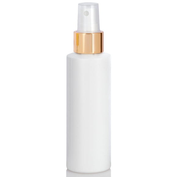 White Plastic HDPE Cylinder Squeeze Bottle with Gold Fine Mist Sprayer - 4 oz (12 Pack)