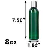 Green Plastic PET Slim Cosmo Bottle with Silver Disc Cap - 8 oz (12 Pack)