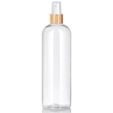 Clear Plastic PET Slim Cosmo Round Bottle with Gold Fine Mist Sprayer (12 Pack)