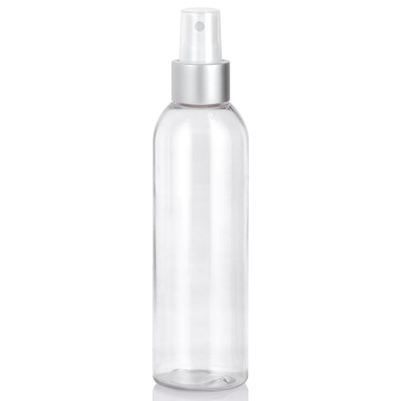 Clear Plastic PET Slim Cosmo Round Bottle with Silver Fine Mist Sprayer - 6 oz (12 Pack)