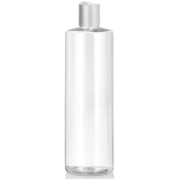 Clear Plastic PET Cylinder Bottle with Silver Disc Cap (12 Pack)