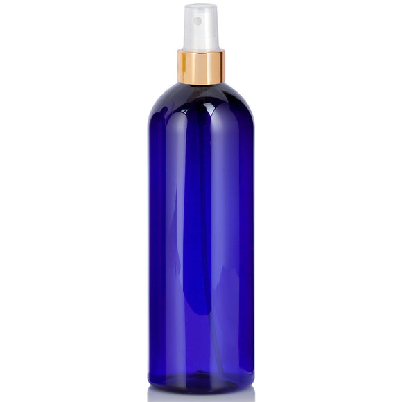 Cobalt Blue Plastic PET Slim Cosmo Bottle with Gold Fine Mist Sprayer (12 Pack)